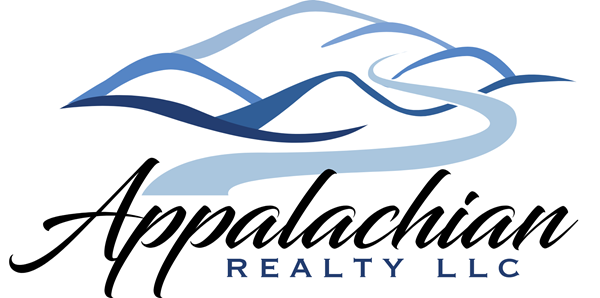 A logo for appalachian realty llc with a blue mountain in the background