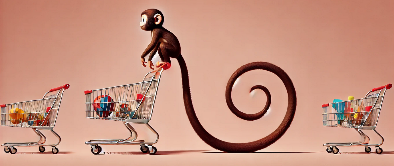 A monkey with a long tail is pushing a shopping cart