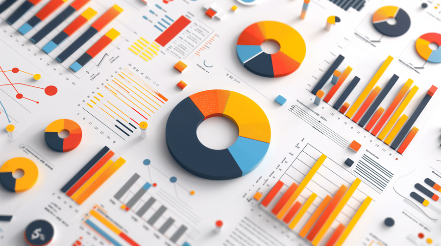 A bunch of colorful graphs and pie charts on a white background