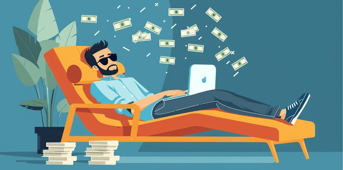 A man is laying on a lounge chair using a laptop computer apparently making a lot of money.