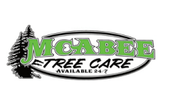 A logo for a tree care company with a pine tree on it.