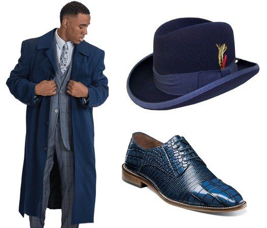 A man is wearing a blue coat , hat and shoes.