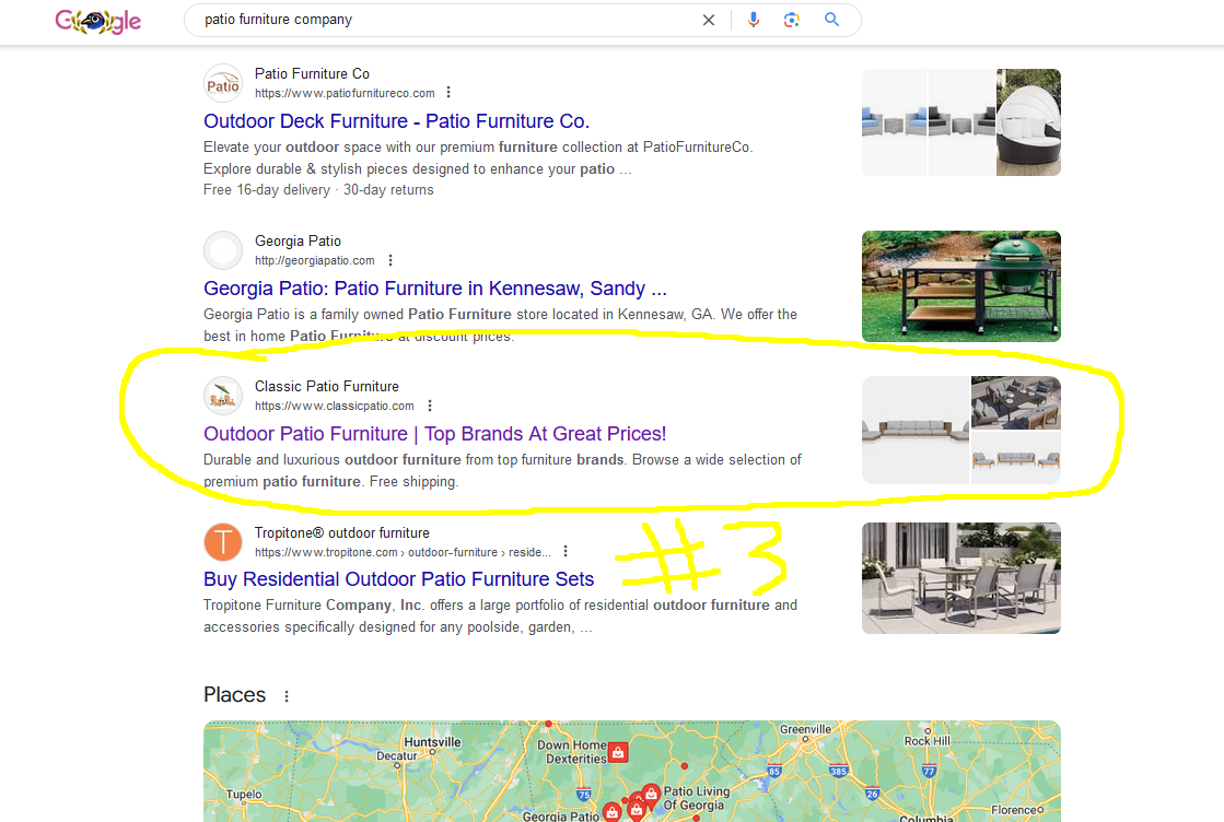 A Google search results page for patio furniture company.
