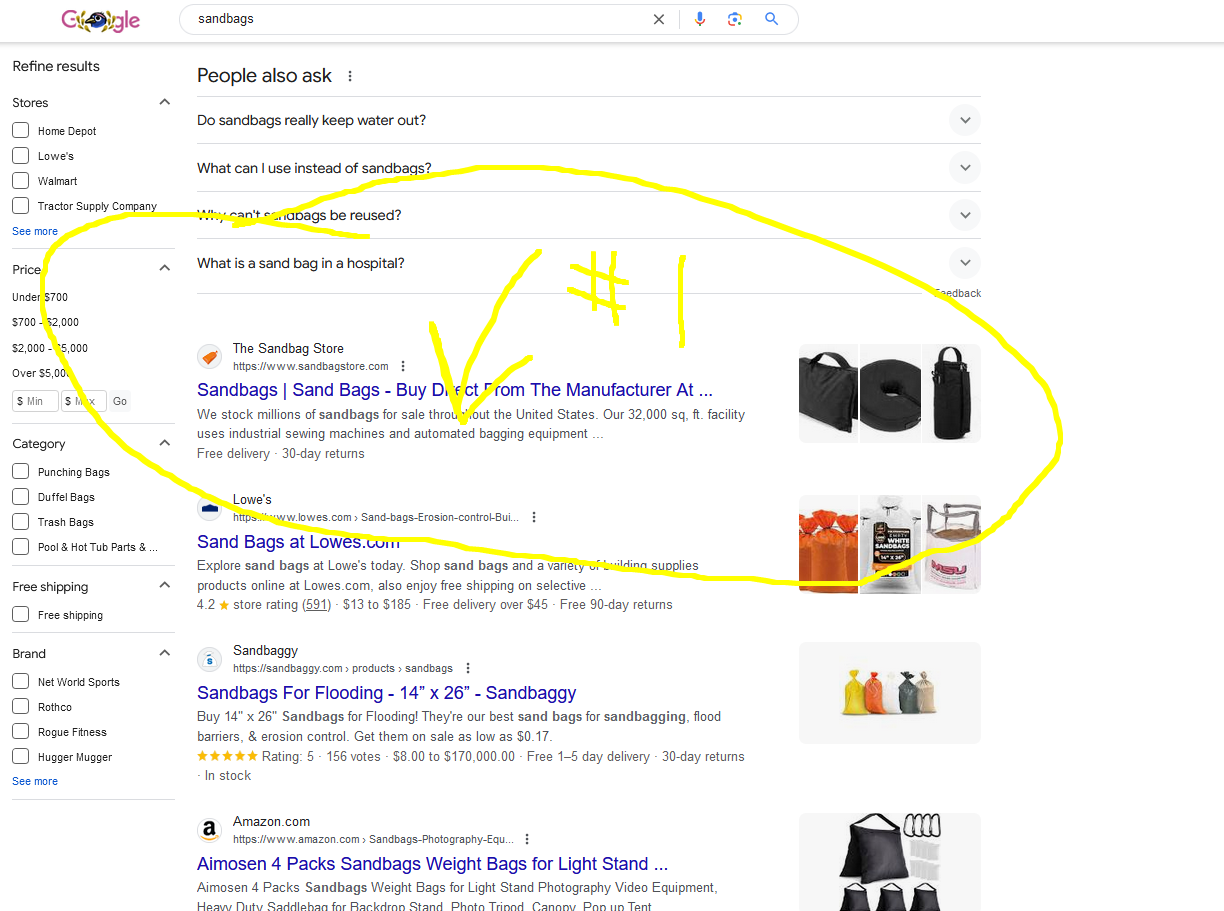 A google search page with a yellow circle around # 1