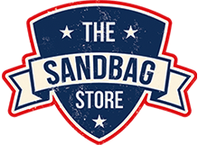 A logo for the sandbag store with a shield and ribbon