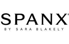 The logo for spanx by sara blakely is black and white.