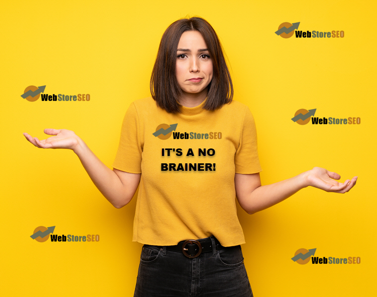 A woman wearing a yellow shirt that says it 's a no brainer