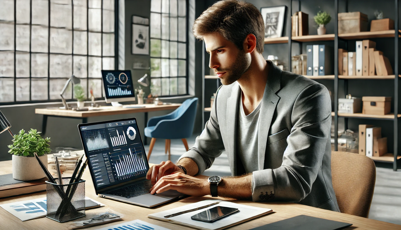 A man is sitting at a desk using a laptop computer.