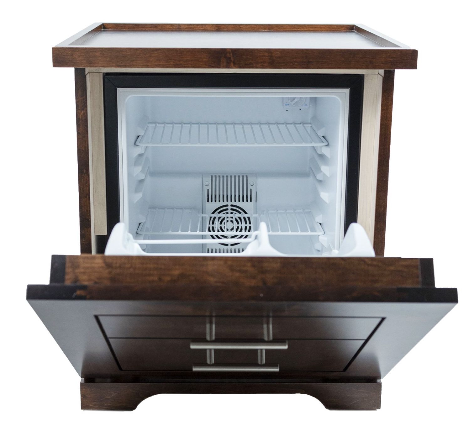 A wooden cabinet with the door open and a fridge inside