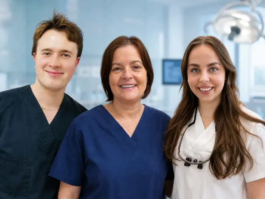 Tre smilende tannlege på arna tannlegesenter og kjeveortopedi fagfolk i blå skrubber og hvit frakk står i en klinikkgang