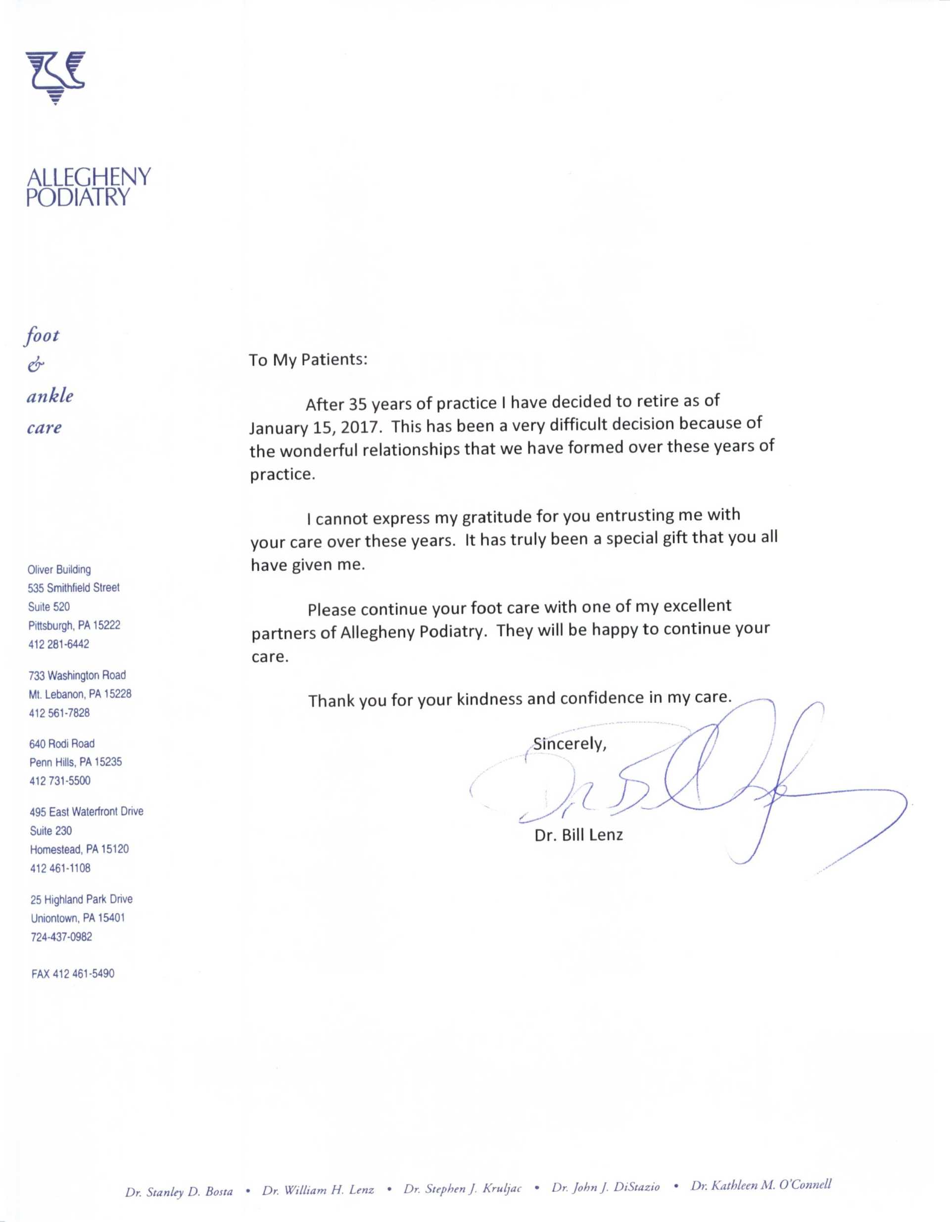 Dr. Lenz retirement letter to his patients.