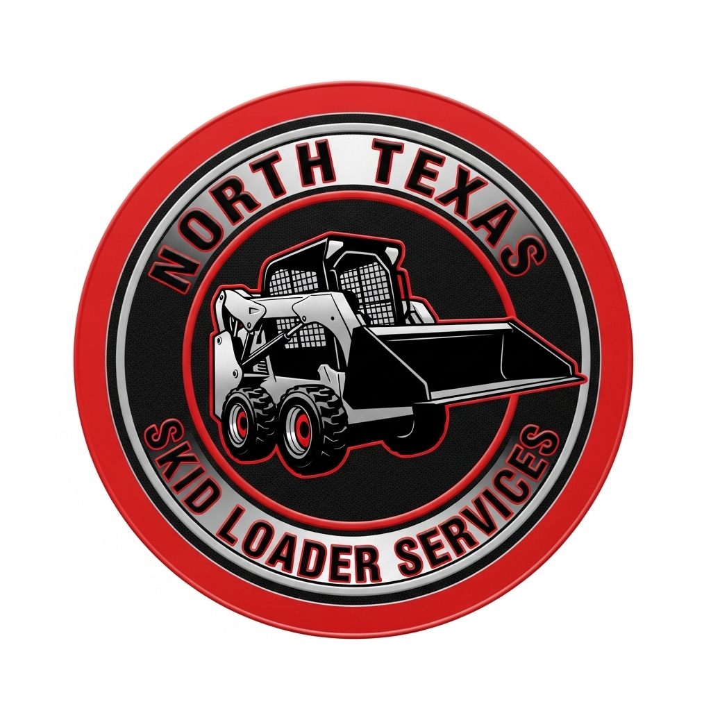 Logo: Skid loader machine, North Texas Skid Loader Services, in red and black circle.