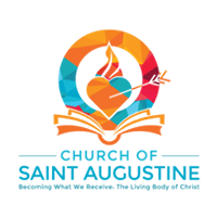 Logo for Church of Saint Augustine showing a heart on fire with an arrow in in on top of an open book.