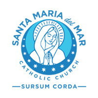 Logo for Santa Maria del Mar showing a line drawing of Mary praying in a blue circle.