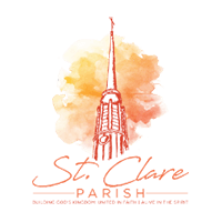 Logo for St. Clare showing a painterly drawing of a red church steeple with an orange sky.