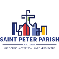 Logo for Saint Peter showing colorful buildings with a cross over them.
