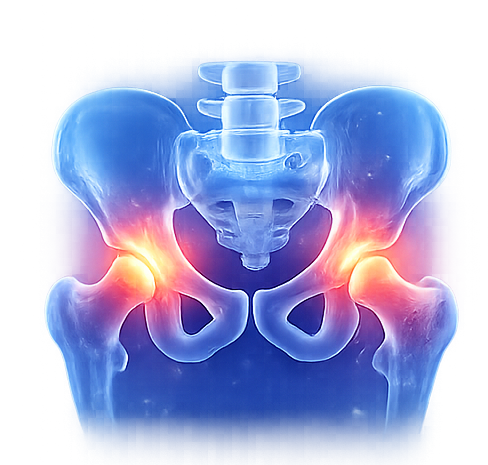 Illustrazione medica di un bacino con aree rosse evidenziate che indicano dolore all'anca.