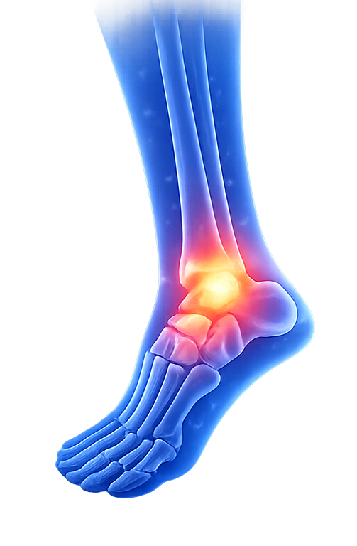 Anatomia della caviglia evidenziata in blu, con l'area dell'articolazione indicata in rosso, a suggerire dolore o infiammazione.