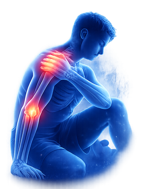 Uomo che si stringe la spalla e il gomito; le aree evidenziate in rosso suggeriscono dolore.