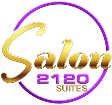 Logo for Salon 2120 Suites with gold text inside a purple circular outline on a white background.