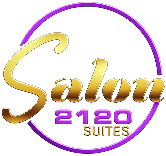 Logo for Salon 2120 Suites with gold text inside a purple circular outline on a white background.