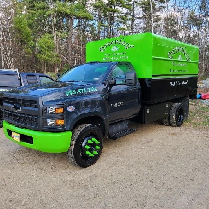 A green and black truck is parked on a dirt road