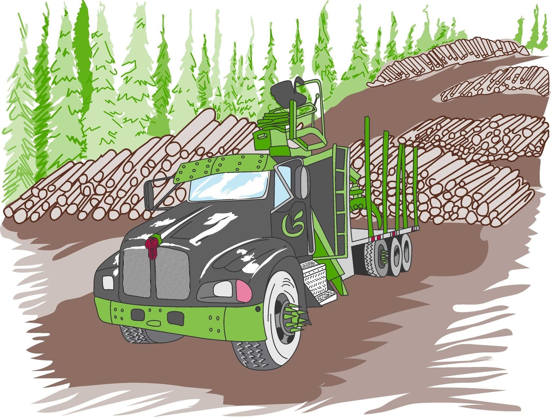 A black and green truck is driving down a dirt road next to a pile of logs.