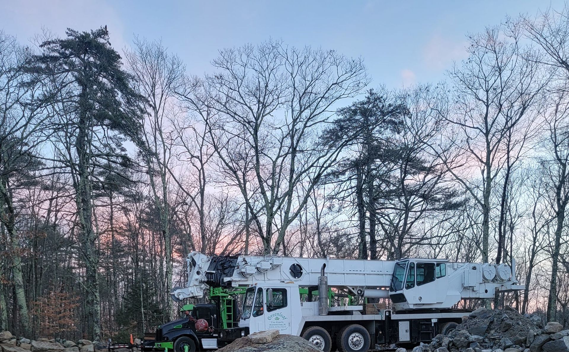 A large crane is parked in the middle of a forest.