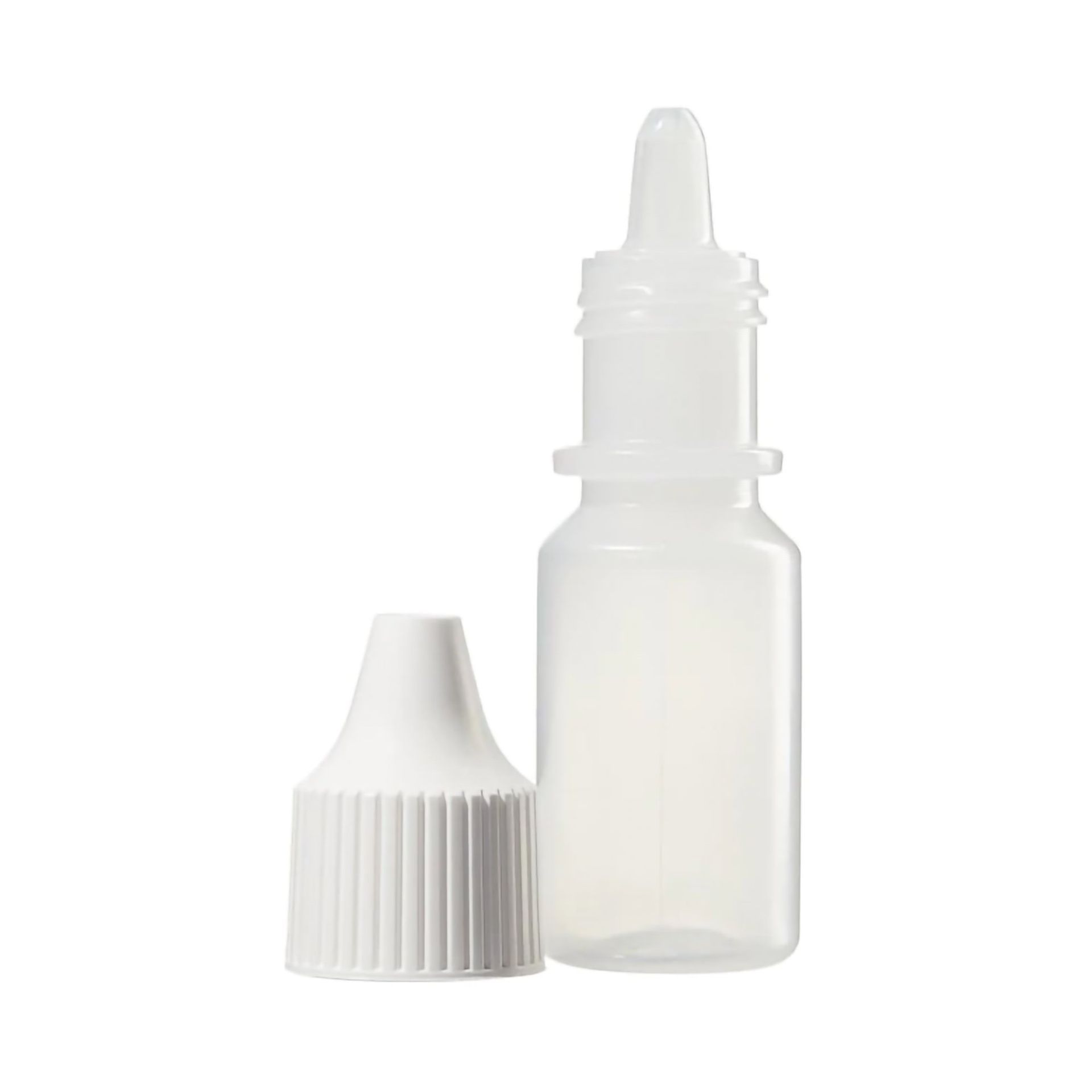 a plastic bottle with a white cap and a dropper on a white background .