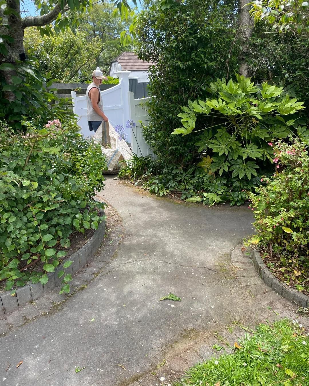 A man is walking down a path in a garden.