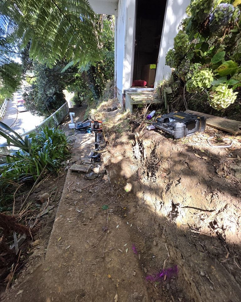 A dirt path leading to a house with trees in the background.
