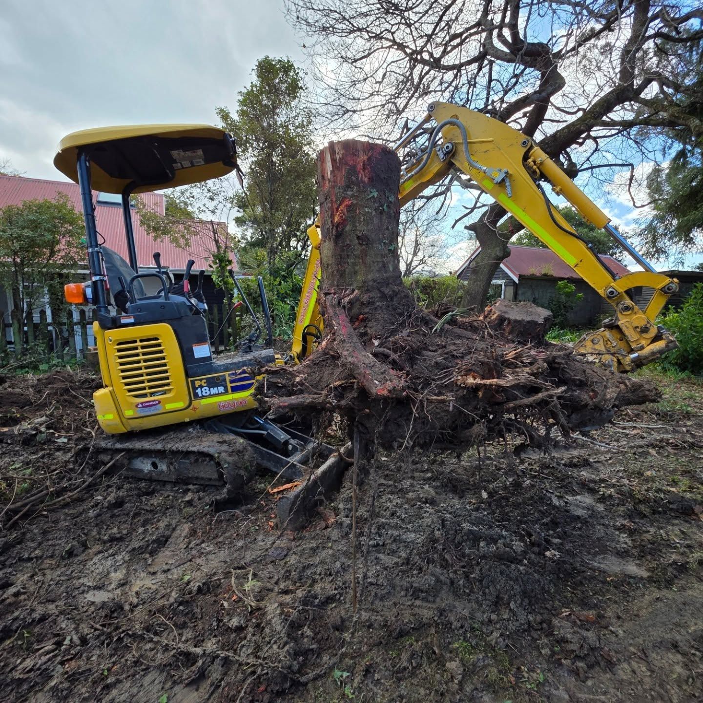 A yellow excavator is moving a tree stump in the dirt.