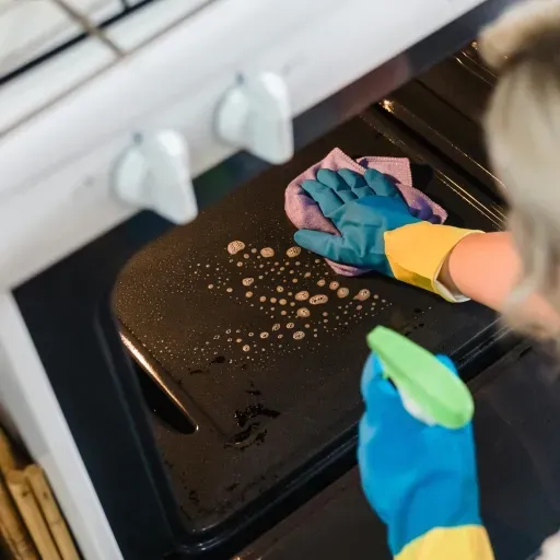 A person is cleaning an oven with a cloth and spray bottle