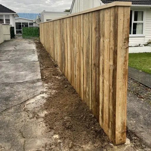 A wooden fence is being built in front of a house.