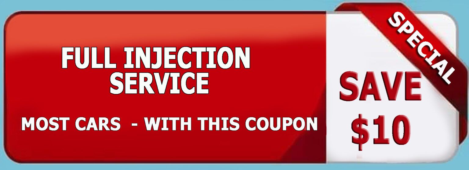 A red and white sign that says full injection service