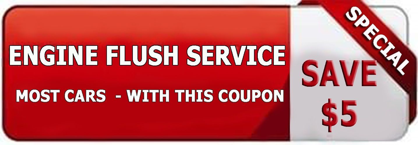A red and white sign that says engine flush service save $ 5