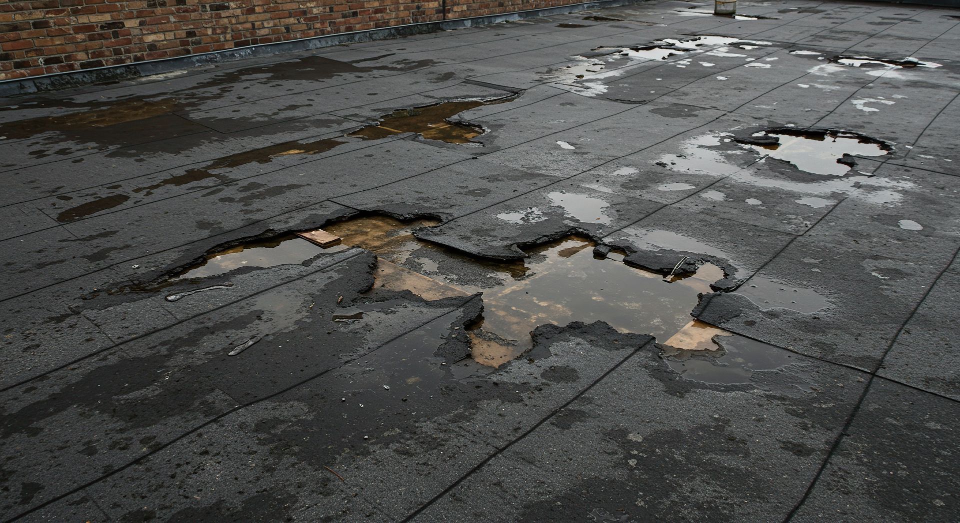 Damaged black asphalt roof with large holes and puddles of water.