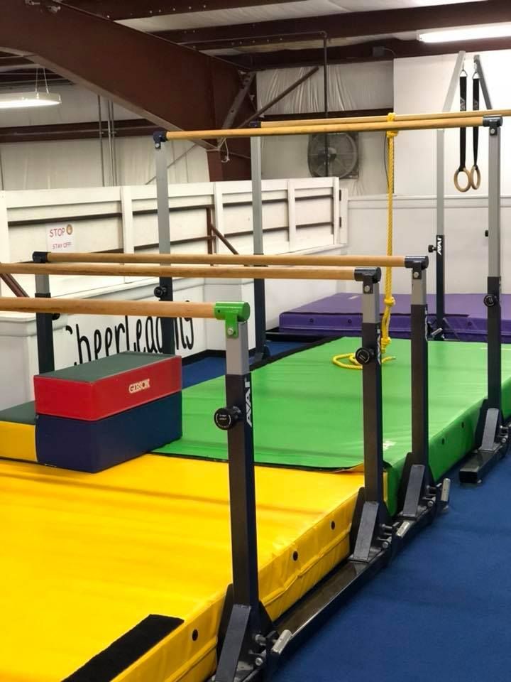A gym with a sign that says cheerful on it