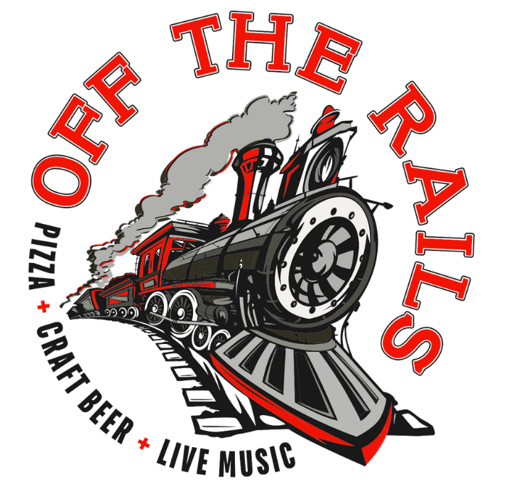 A logo for off the rails pizza craft beer live music