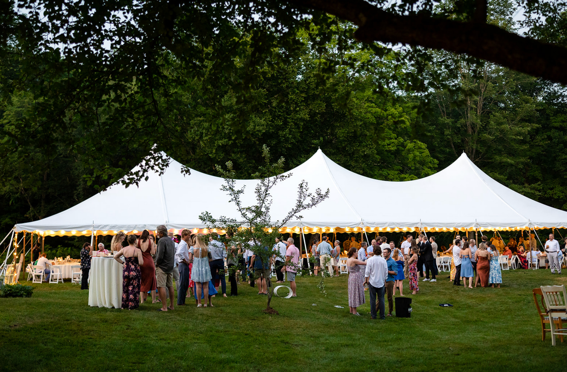 White tent at outdoor event; many people mingling on a green lawn.