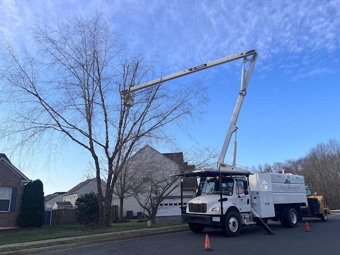 A tree trimming truck is parked on the side of the road in front of a house.