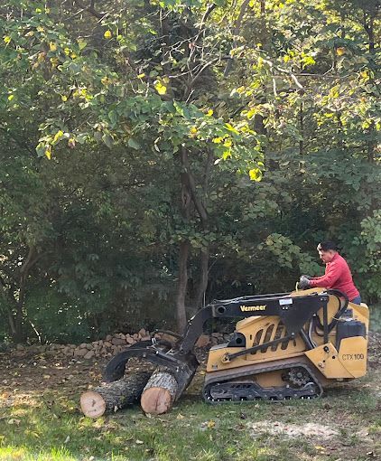 A man is driving a bulldozer to remove a tree stump.