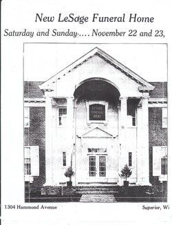 Advertisement for New LeSage Funeral Home, a large building with columns. Date is Nov. 22 and 23. Located at 1304 Hammond Avenue, Superior, WI.