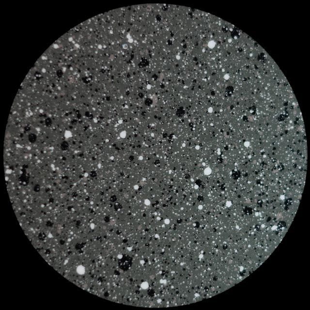 Circular close-up: speckled dark gray background with scattered white and black dots.