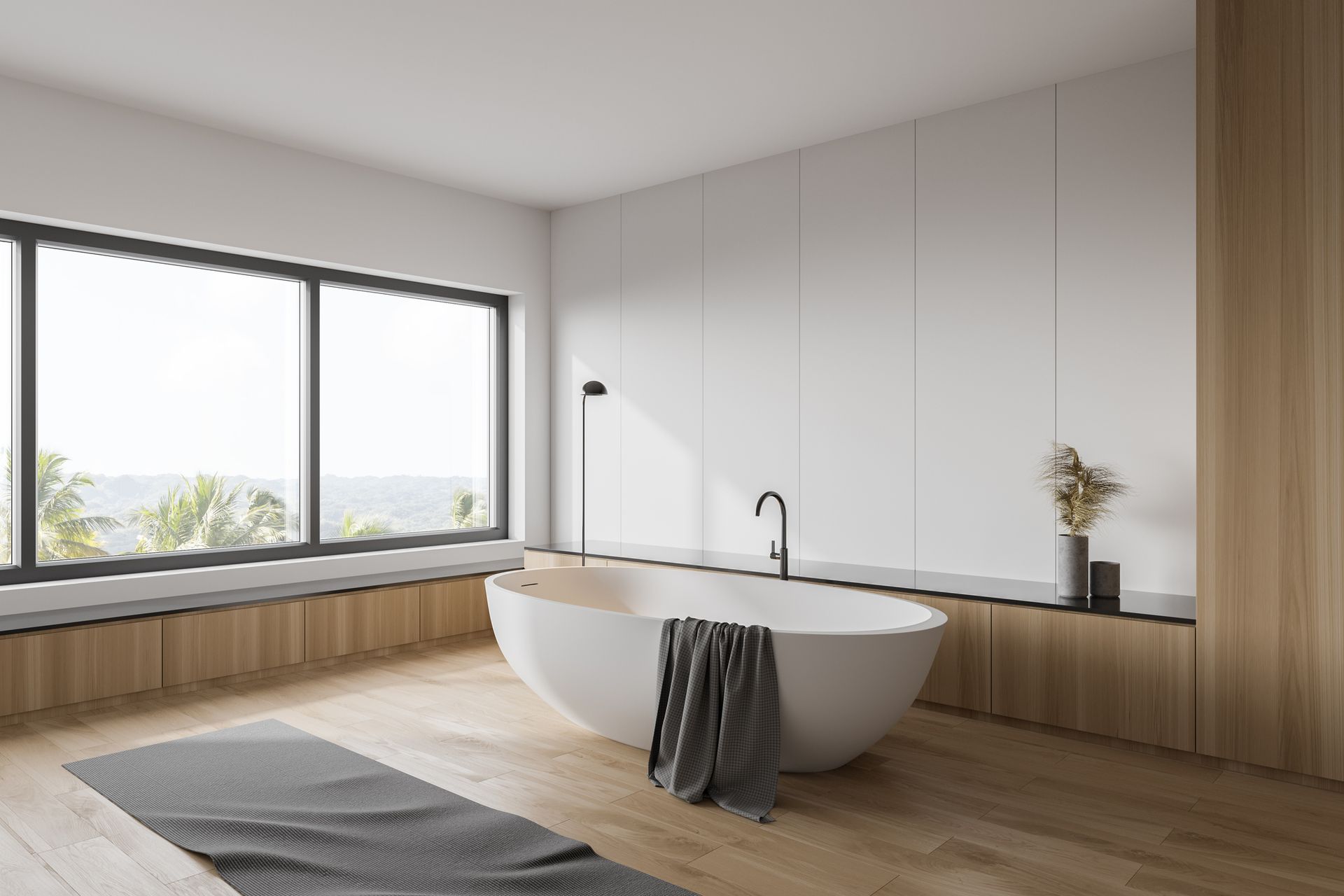 Elegant bathroom with wooden accents highlighting professional bathtub refinishing.