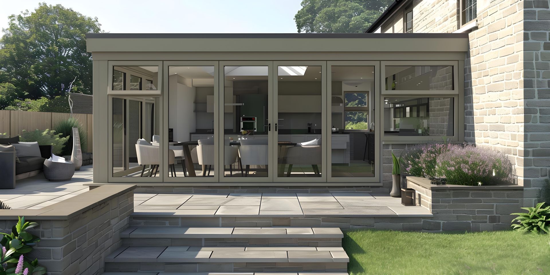 An artist 's impression of a house with a sunroom and stairs leading to it.