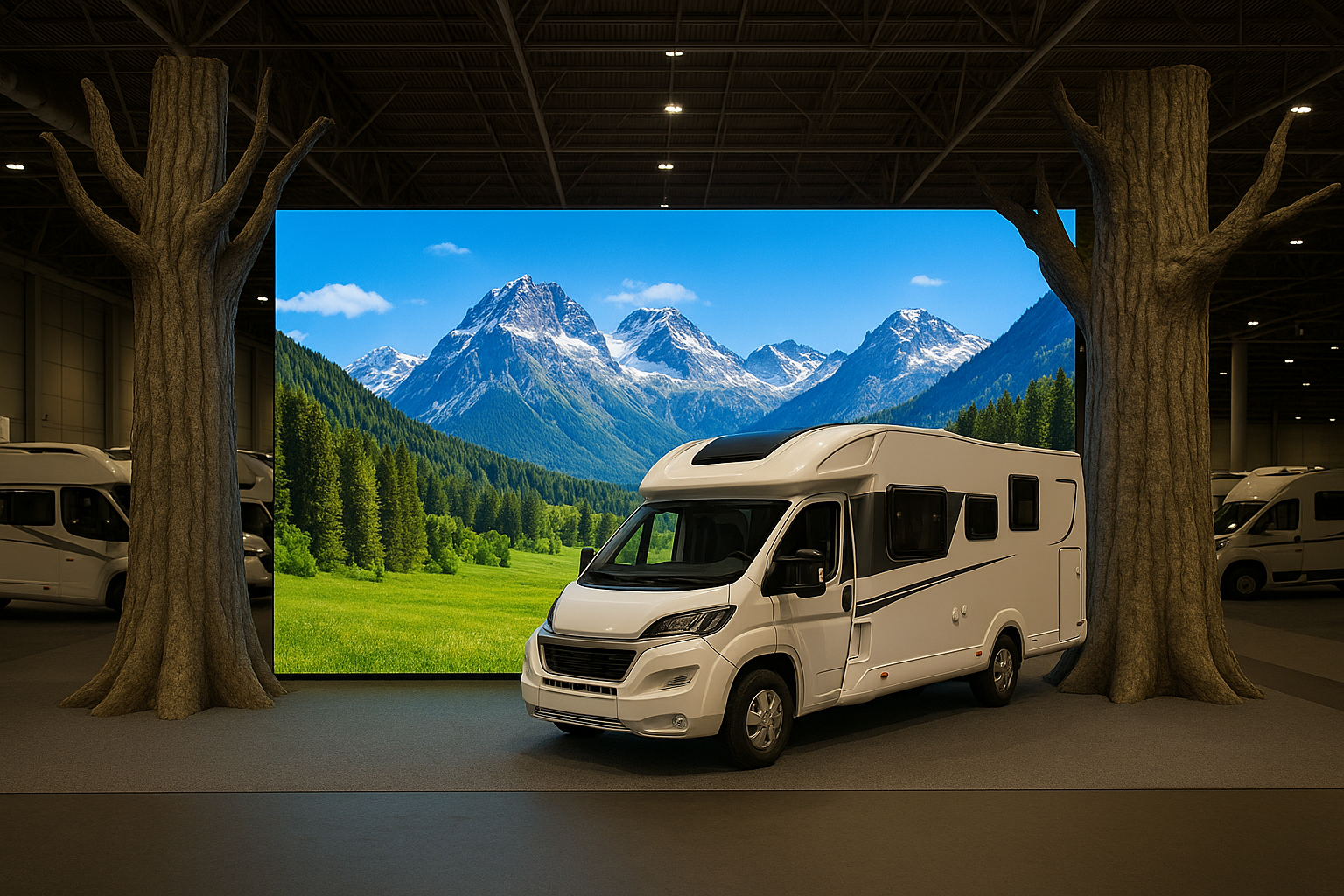 Boomstam mockup op camperbeurs