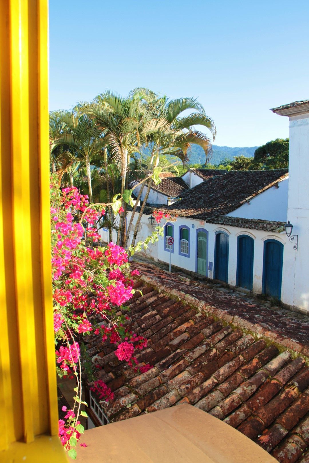 Vista de uma rua de paralelepípedos ladeada por prédios brancos e portas azuis, com telhados de telhas de barro. Flores cor-de-rosa vibrantes e palmeiras emolduram o cenário.