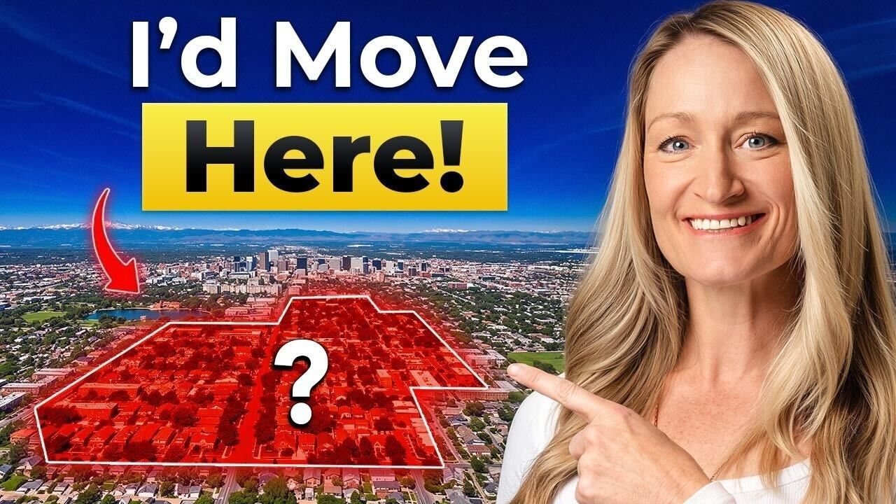 Banner reading “I’d Move Here!” over a red-highlighted neighborhood map with a smiling woman pointing at it.