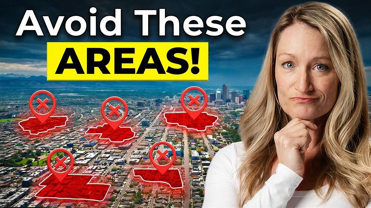 Graphic with “Avoid These AREAS!” over a city map and a woman pointing at red marked zones.
